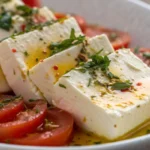 marinated cheese with olive oil rosemery tomato on plate
