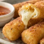 Golden mozzarella sticks with melted cheese inside served hot with dipping sauce.