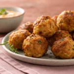Golden baked sausage balls served on a plate as easy finger food and sausage appetizers