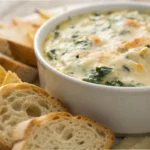 creamy spinach artichoke dip topped with melted cheese served with bread and chips.