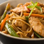 Chicken lo mein recipe with noodles, tender chicken, and vegetables tossed in a glossy savory sauce, served in a bowl for a quick homemade Chinese dinner