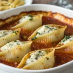 Cottage cheese stuffed shells baked in sauce until bubbly served as a comforting healthy dinner recipe.