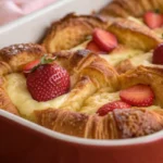 Croissant French toast bake with golden baked croissants and custardy centers served warm as an oven baked French toast casserole.