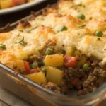 Hobo casserole baked with ground beef, potatoes, and vegetables in a cheesy layered dish served hot in a casserole pan.