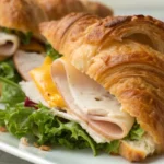 Turkey and cheese croissants filled with sliced turkey and melted cheese shown as a savory croissant sandwich.