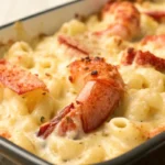 Lobster mac and cheese recipe with creamy baked pasta and chunks of lobster, served hot as a rich seafood mac and cheese dish.