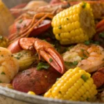 Seafood boil recipe with shrimp corn and seasoned seafood served family style inspired by Cajun seafood boil and easy shrimp dinner recipes.