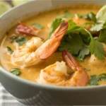 Thai coconut shrimp soup with shrimp simmered in a creamy coconut broth, inspired by Thai yellow curry and traditional Thai soup recipes