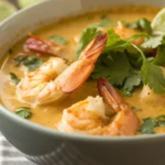 Thai coconut shrimp soup with shrimp simmered in a creamy coconut broth, inspired by Thai yellow curry and traditional Thai soup recipes