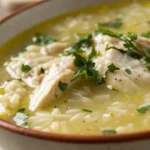 Greek lemon soup with a creamy pale broth and tender rice and chicken pieces served warm in a bowl with fresh herbs.