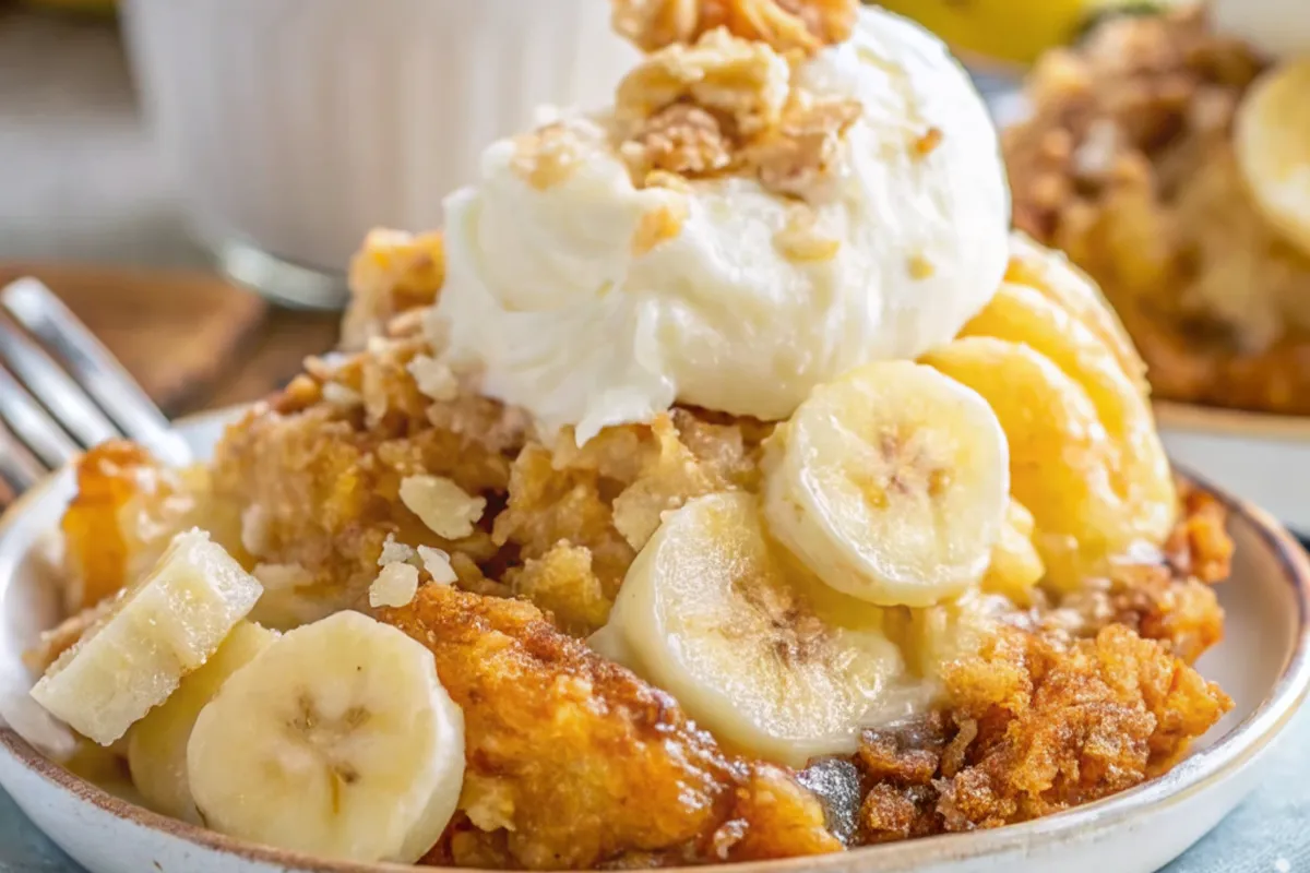 Southern banana cobbler baked golden and bubbly with soft banana slices and syrupy filling served warm in a rustic dish.