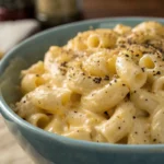 Creamy Cottage Cheese Mac and Cheese in a bowl with rich sauce coating tender pasta, topped with cracked pepper and fresh herbs for a comforting high protein meal.