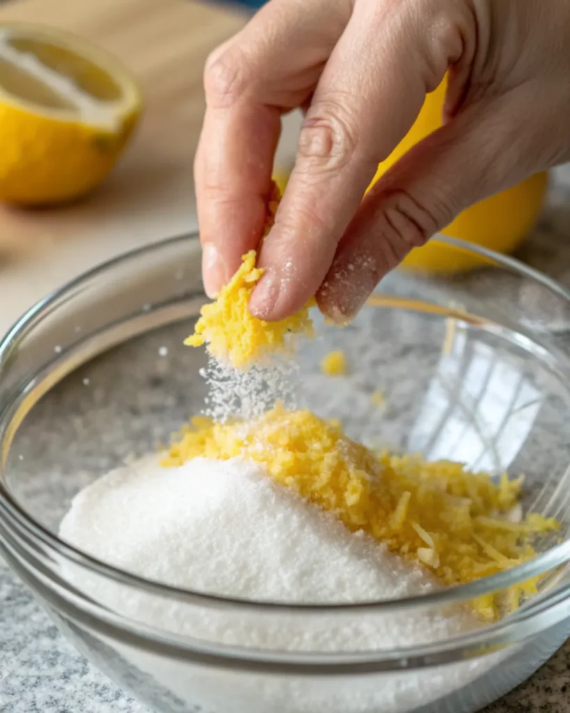 Lemon Blueberry Muffins
Macro shot of fingertips rubbing bright yellow lemon zest into white granulated sugar in a glass bowl.