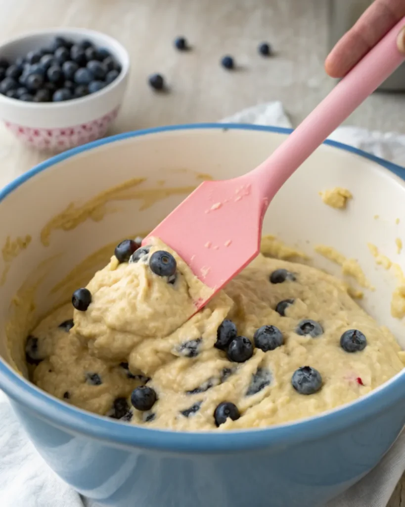 A silicone spatula folding thick muffin batter with blueberries in a large ceramic bowl, showing a few lumps for texture.
Lemon Blueberry Muffins