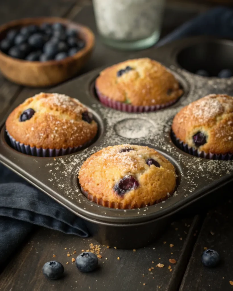 Lemon Blueberry Muffins Golden brown muffin tops with sparkling sugar crust and visible bursting blueberries, sitting in a dark metal muffin tin. 