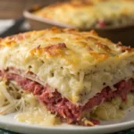 Baked Reuben casserole with layers of corned beef, melted cheese, and sauerkraut in a golden crust, served in a dish with a creamy texture and crispy top.