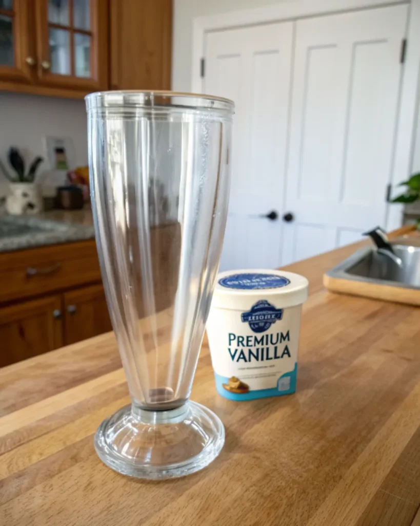 Shamrock Shake A frost-covered tall milkshake glass sitting on a wooden counter next to a carton of premium vanilla ice cream.