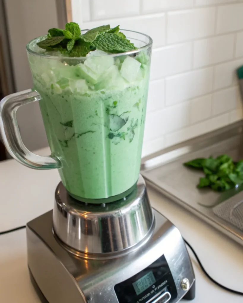 Shamrock Shake A high-speed blender swirling a vibrant green mint milkshake with a thick, velvety vortex.