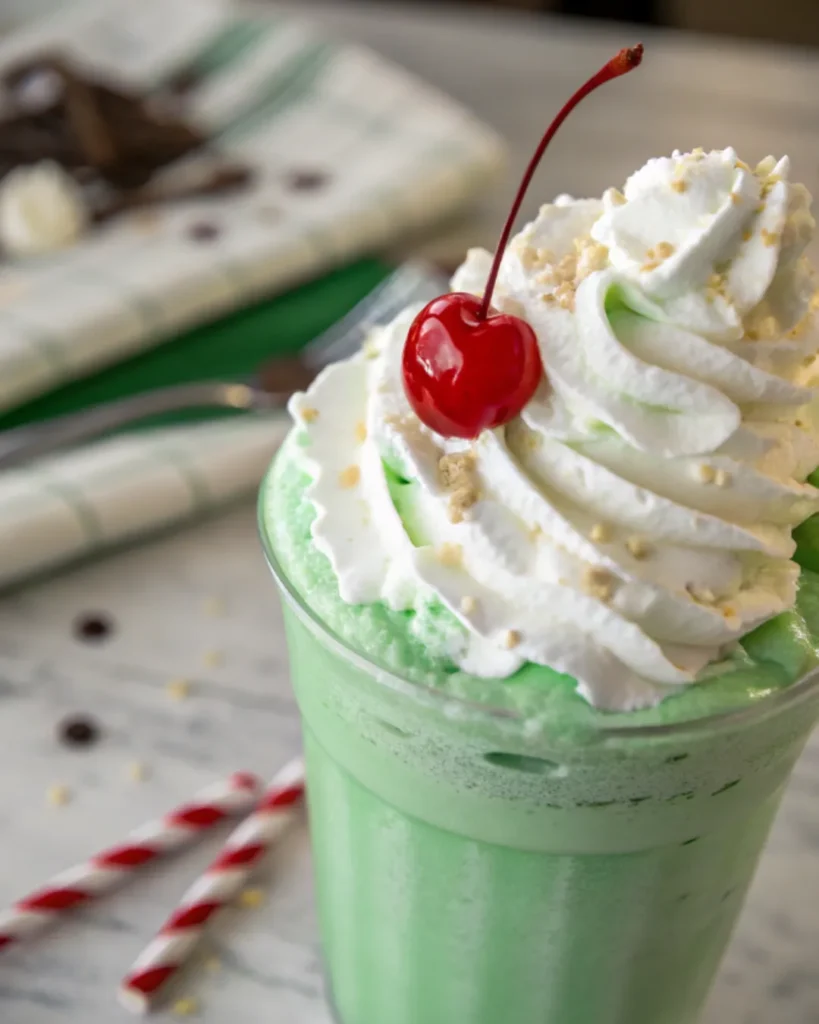 A close-up of a Shamrock Shake being topped with a perfect swirl of whipped cream and a bright red cherry. Shamrock Shake