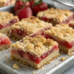 Strawberry crumb bars sliced into squares showing layers of fresh strawberry filling and golden crumble topping, styled as a bakery style strawberry crunch dessert on a serving tray.