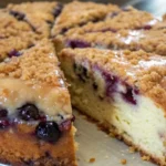 Blueberry coffee cake topped with golden crumb streusel and fresh blueberries shown sliced to reveal a soft moist texture.