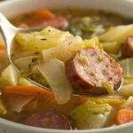 Cabbage sausage soup with sliced sausage chunks of cabbage and vegetables simmered in a flavorful broth served hot in a bowl.