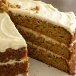 Moist carrot cake layered with creamy frosting and simple decorative topping shown sliced to reveal a soft tender crumb.