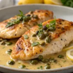Golden pan seared chicken piccata in a creamy lemon caper sauce served on a plate with fresh herbs, showing a gourmet style chicken dinner ready to enjoy.