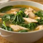 Chicken spinach soup with tender chicken pieces and leafy spinach in a warm broth served as a healthy homemade soup.