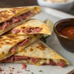 Golden crispy corned beef quesadillas filled with melted cheese and tender meat, sliced into triangles and served warm with dipping sauce on the side.