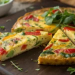 Oven baked frittata sliced into wedges with colorful vegetables and a golden fluffy egg texture on top.
