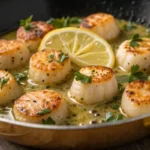 Juicy garlic butter scallops sizzling in a pan with golden edges, fresh herbs, and rich buttery sauce served as a flavorful seafood dinner.