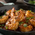 Honey Garlic Shrimp served in a skillet with glossy honey garlic sauce, tender shrimp garnished with herbs and sesame seeds, perfect for quick shrimp dinner ideas inspired by Asian shrimp recipes and garlic butter shrimp dishes.