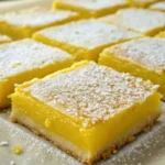 Lemon bars with a golden crust and vibrant lemon filling dusted lightly with powdered sugar and sliced into squares.