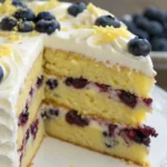 Lemon blueberry cake layered with fluffy frosting and fresh blueberries on top showing bright yellow crumb and juicy berry pieces inside.