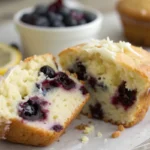 Lemon blueberry muffins stacked on a plate with golden tops, visible fresh blueberries throughout, and a soft bakery style crumb in natural light, perfect for homemade breakfast baking.