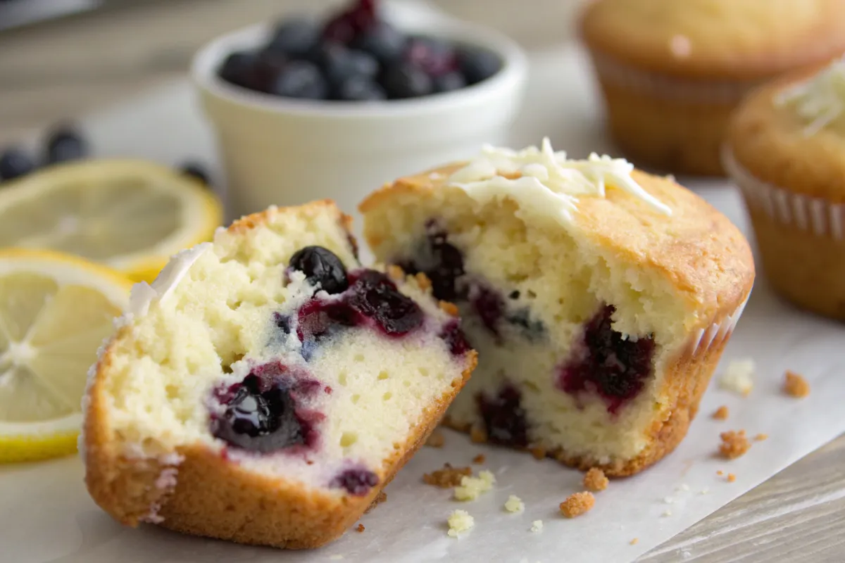 Lemon blueberry muffins stacked on a plate with golden tops, visible fresh blueberries throughout, and a soft bakery style crumb in natural light, perfect for homemade breakfast baking.