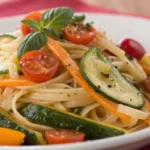 Pasta primavera with a mix of colorful spring vegetables like zucchini, cherry tomatoes, and carrots tossed in a light sauce, served as a fresh and healthy veggie packed pasta dish