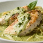 ultra-close photograph of creamy pesto chicken on a plate with the creamy light green sauce, no steam in the picture