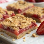 Strawberry oatmeal bars with a golden crumb topping and layers of sweet strawberry filling, cut into squares and served as strawberry oat bars or strawberry crumble bars on a baking tray