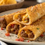 Golden crispy taco sticks filled with seasoned meat and melted cheese served on a plate with dipping sauce and fresh toppings.