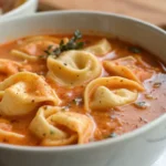 creamy Tomato tortellini soup with plump cheese filled pasta in a rich red broth garnished with herbs in a cozy bowl.