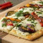 Veggie flatbread topped with roasted vegetables, zucchini slices, melted cheese, and fresh herbs on a crispy flatbread crust, perfect for healthy flatbread meals and appetizers.