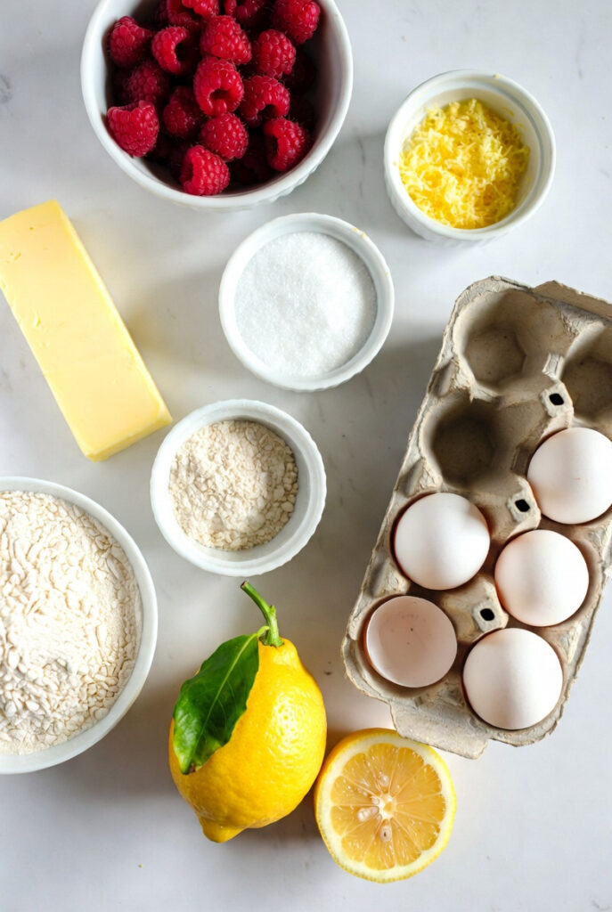 Flat lay of all ingredients, labeled on a marble surface | Alt text: ingredients for raspberry lemon cupcakes including fresh lemons, butter, eggs, flour, and raspberries