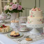 Elegant Bridgerton Tea Party setup with floral china, pastel decorations, vintage cake, and delicate tea party food arranged on a Regency era inspired afternoon tea tablescape.