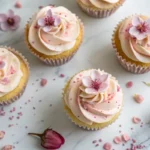 Overhead view of six cherry blossom cupcakes on white marble, each crowned with a hand-piped five-petal blush frosting blossom and dried sakura petals scattered between them in soft spring light — cherry blossom cupcakes recipe made with dual sakura and almond extract and stabilized crème fraîche frosting.