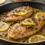 Chicken Piccata with Capers served in a pan with lemon slices and capers in a buttery lemon sauce over tender chicken cutlets.