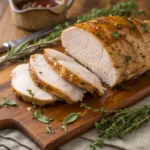 Overhead view of sliced herb roasted turkey breast on a rustic wood carving board, golden crackling skin glistening with pan drippings, fresh rosemary and thyme scattered alongside in warm holiday light — juicy double herb butter turkey breast recipe, perfect for a small Thanksgiving or Christmas dinner.
