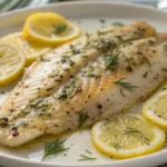 Lemon dill baked tilapia served on a plate with fresh lemon slices and herbs, a light and healthy white fish recipe perfect for an easy seafood dinner.