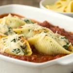 Ricotta Stuffed Shells with Marinara baked in a dish with jumbo stuffed pasta shells filled with creamy ricotta cheese and covered in rich tomato sauce.